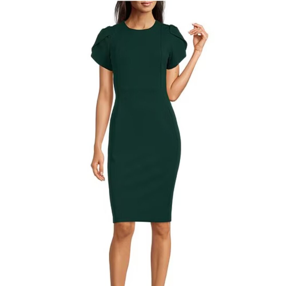 Calvin Klein Crew Neck Short Tulip Sleeve Solid Sheath Stretch Dress
